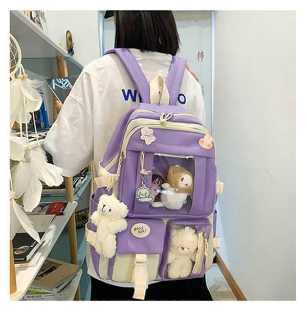 TOMVAES 5 Pcs School Book Bag Set,Bear Pendant Canvas Combo,School Backpack Bag,Girl Student Tote Crossbody Daypack Boy Pencil Case,Girls schoolbag School Shoulder Bags Backpack