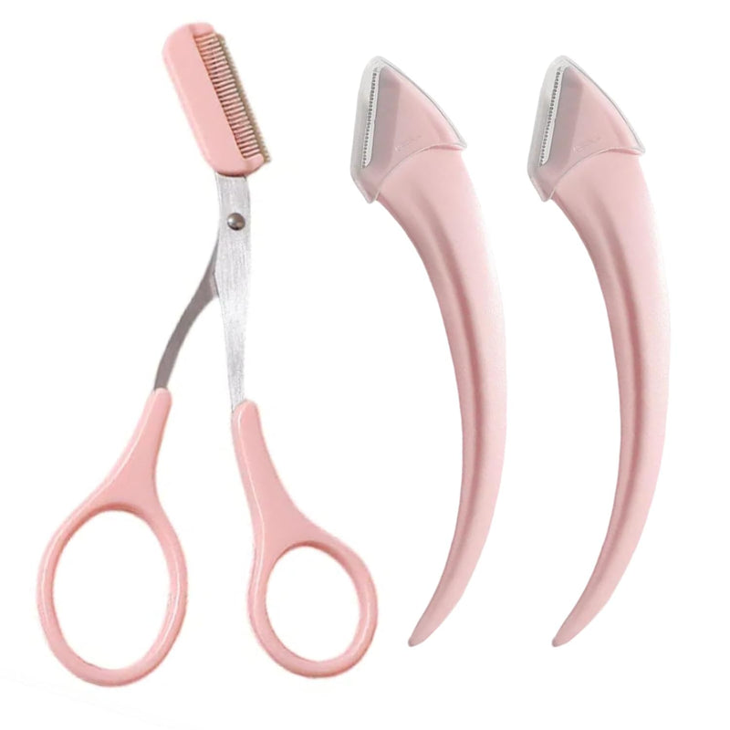 Paporich Eyebrow Trimmer Set Stainless Steel,Eyebrow Razor Eyebrow Scissors with Comb Beauty Tools, for Beginner Make Up Tool Hair Removal Accessories, for Men and Women (Pink, Pack of 3)