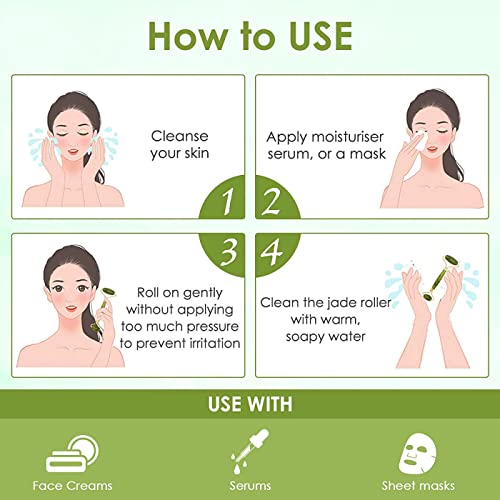 REVHQ Jade Roller for Face and Gua Sha Set Face Roller Natural Jade Stone for Anti Aging,Eye Puffiness Wrinkles,Skincare Massage Tools for Face Eyes