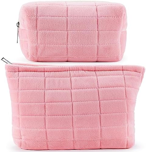 ZLFSRQ 3Pcs Checkered Makeup Bag for Women Large Cosmetic Bag Set Travel Toiletry Bag Makeup Pouch Bag for Purse Pink Zipper Storage Bag Organizer Cute Small Aesthetic Girls Car Essentials Bag