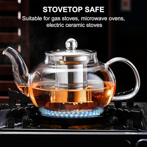 Azonee Glass Teapot Stovetop 20 OZ/600ml, Tea Pot with Removable 18/8 Stainless Steel Infuser, Borosilicate Clear Tea Kettle, Teapot Blooming and Loose Leaf Tea Maker