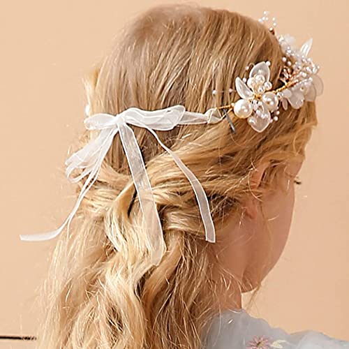 JWWYJ Princess Flower Crystal Headpiece Rhinestone Pearl Headband Alloy Floral Bridal Hair Accessories Communion Wedding Prom Photography for Girls and Women