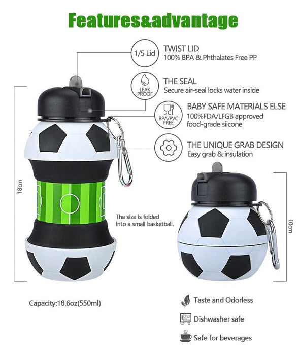 FOLDABLE BOTTLE Football Water For Sports, School, Travel, bicycle, Birthday Gifts, Shockproof, Silicone Collapsible Drink cup with Carabiner Clip Leak-Proof BPA Free (550ml-18.5oz)