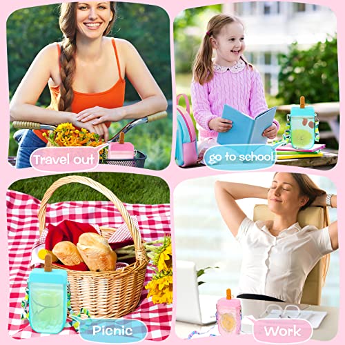 2 Pieces Ice Cream Bar Water Bottles with Straws 300ml Kids Water Juice Drinking Cups Cute Leakproof Kawaii Ice Cream Water Bottle with Adjustable Shoulder Strap for Kids Adult Sports (Blue, Pink)