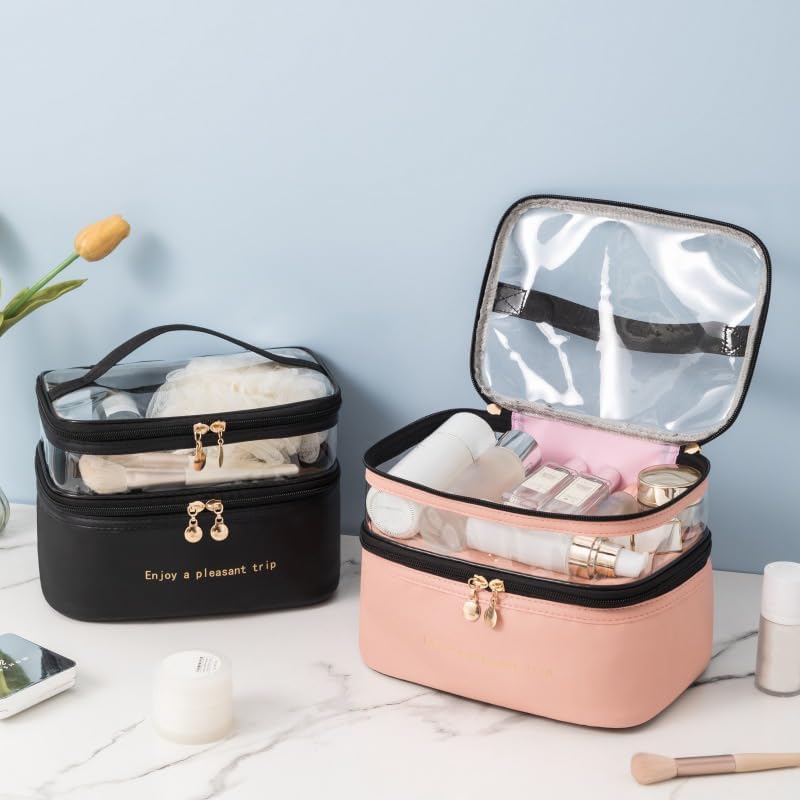 Diylove Travel Makeup Bag Organizer Waterproof Double Layer Cosmetic Bag Large Capacity Storage Bag for Traveling (Black)