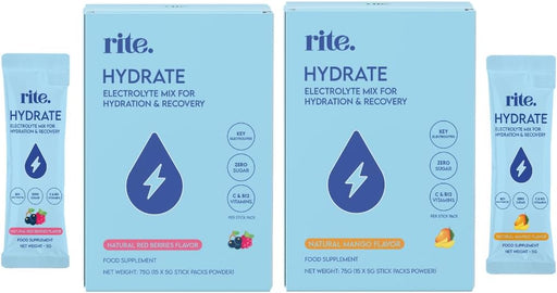 Rite Electrolytes - Hydration Sticks Powder with Vitamin C+B12, Magnesium, Calcium, Potassium, Chloride & Sodium I Vegan, Sugar Free, Gluten Free (Red Berries, Pack of 15) - 2-Pack Bundle Small