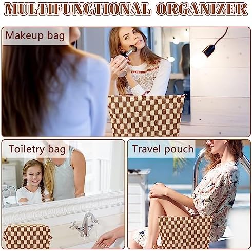 ZLFSRQ 3Pcs Checkered Makeup Bag for Women Large Cosmetic Bag Set Travel Toiletry Bag Makeup Pouch Bag for Purse Pink Zipper Storage Bag Organizer Cute Small Aesthetic Girls Car Essentials Bag