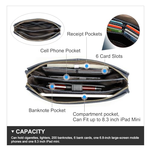 Contacts Mens Genuine Leather ID Card Organizer Clutch for Men, Large Capacity with Anti-Theft Lock Travel Passport Wallet Phone Holder Hand Bag with Wrist Strap