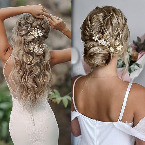 YHOME 4 Pcs Bridal Hair Pins - U Shaped Wedding Clips, Golden Pearl Hair Piece, Floral Accessories for Women Girls Hairstyles Jewelry