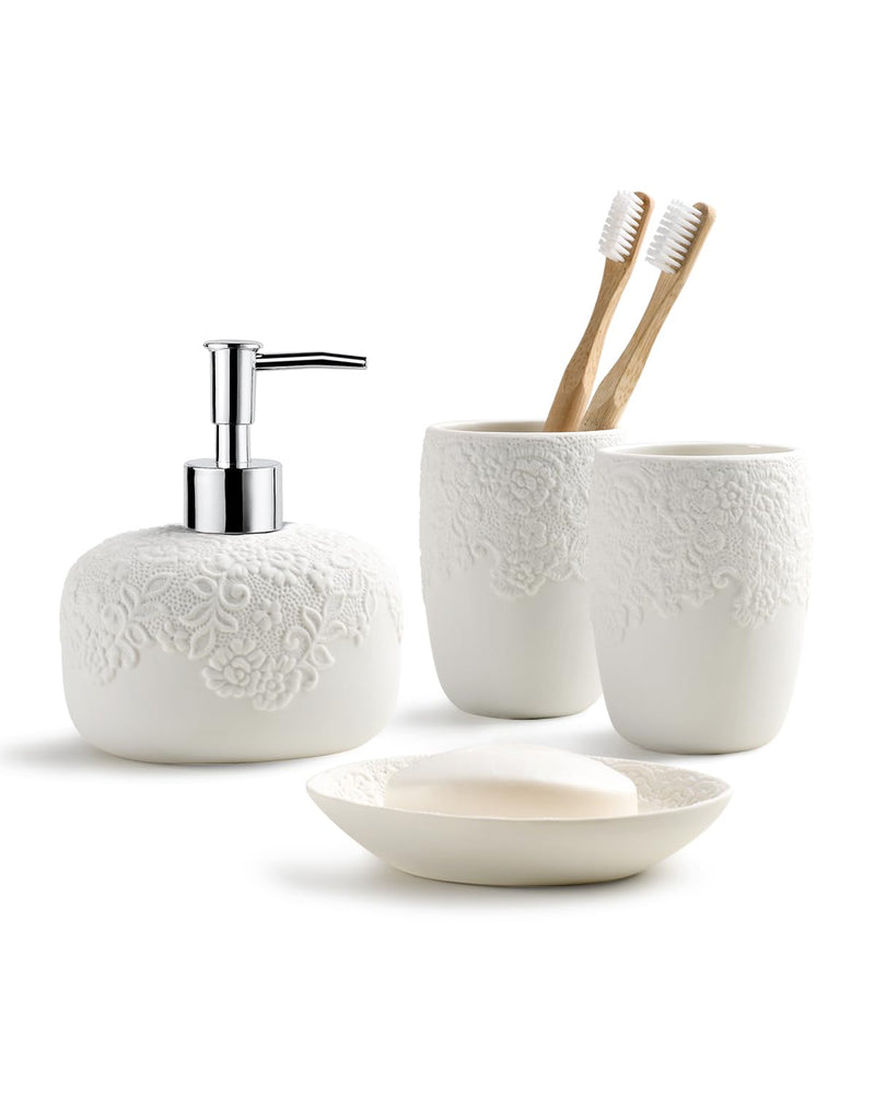 ANTIS'S HOME Bathroom Accessories Set with Embossed Design 4PCS, Ceramic White Bathroom Accessory Set, 1Pcs Bathroom Soap Dispenser 14oz, 2Pcs Tumbler Cup, 1Pcs Soap Dish,