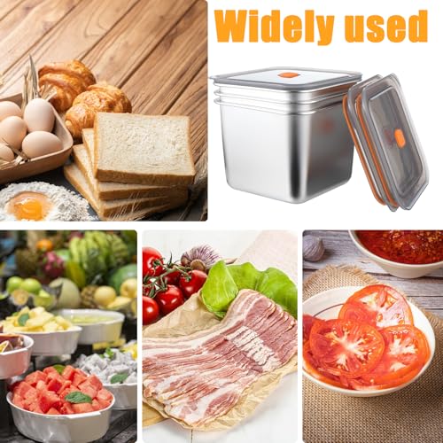 Wensdr 3 Packs Large 6.3Inches Square Stainless Steel Pizza Dough Proofing Containers with Lids,Food Storage Box with Sealing Cover 6.3x6.3x4.72(2500ML