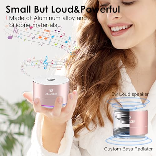 XLEADER Mini Bluetooth Shower Speaker, IPX6 Waterproof Speaker, with RGB Lights, Mic, Portable Silicone Lanyard, Suction Cup, Clear Sound&Rich Bass, 12h Playtime, Small Pink Gifts for Girls Women