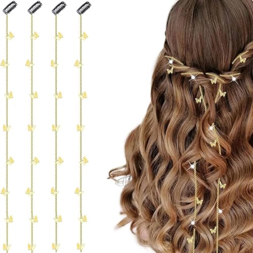 ChicAbode 4pcs Butterflies Hair Braided Chain, Rhinestones Hair Jewelry, Gold Butterflies Hair Clips, Hair Gold Chain Accessories, Dainty Tassel Hair Accessories for Girls Women Gift