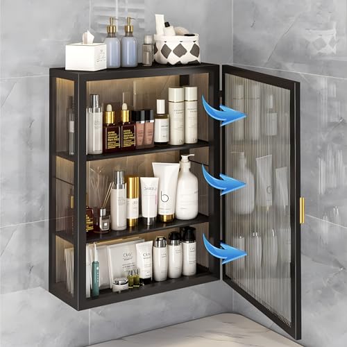 3 Tier Bathroom Storage Cabinet,Bathroom shelf wall Mounted Storage Cabinet with Clear Doors for Bedroom,BathroomLiving Room,Kitchen storage Organizer (40), double black