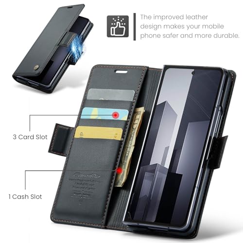 ELEPIK for Galaxy Z Fold 6 Case with Card Holder, Kickstand [3 Card Holder + 1 Cash Slot] [Durable PU Leather] Magnetic Wallet Phone Cover for Samsung Galaxy Z Fold 6, Fashion Black