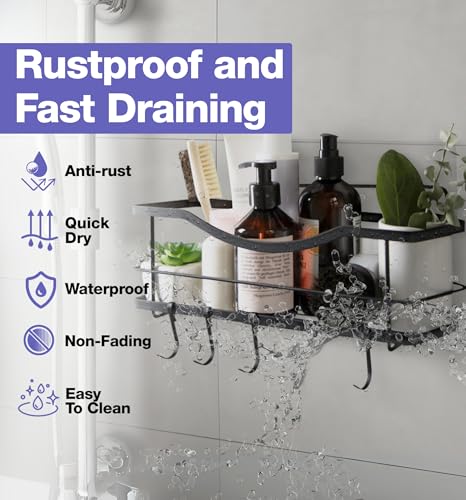 KINCMAX Shower Shelf - Self Adhesive Shower Caddy with 4 Hooks - No Drill Large Capacity Stainless Steel Rack - Aesthetic Organizer for Bathroom Wall Decor - Matte Black