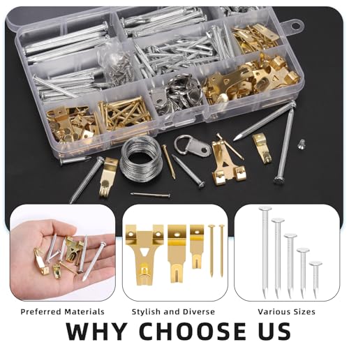 Glarks 279pcs Picture Hanging Kit, Hanging Hardware with Hooks, Wire, Nails, D Ring, Wall Hanging Kit, Heavy Duty Picture Hanger Frame Hook Hardware, Heavy Duty Frame Hanging Hardware for Hanging