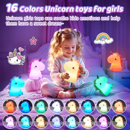 Unicorn Toys night light for kids,16 Colors Silicone+Dimmable Toddler Baby, Rechargeable Night Light for Kids Nightlight for Kidss Room Unicorn Toys for Girls Age 4-6, 0-9