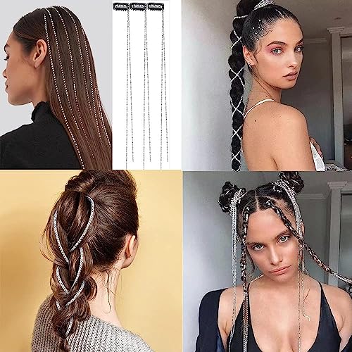 Goodern 4 PCS Women Hair Chains Tassel Hair Clips,Shiny Rhinestone Hair Extension Chains Fashion Long Tassel Hair Clip Chain Delicate Ponytail Extension Chain Decor Girls Punk Hair Accessories-Silver