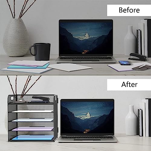WAN Letter Tray Paper Organizer 5-Tier Desktop File Organizer,Desktop Organizer with Handle Black Metal Desktop Document Shelf for Office,Home or School