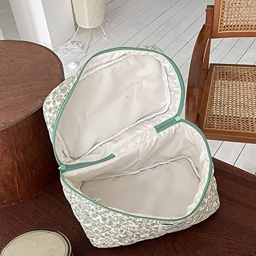 Juoxeepy Cotton Makeup Bag Large Travel Cosmetic Bag Quilted Cosmetic Pouch Coquette Aesthetic Floral Toiletry Bag, A-White, 10x5.9x5.3in