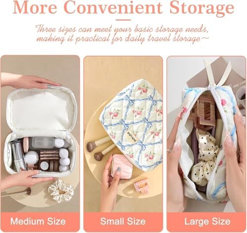 Quilted Cotton Makeup Pouch, Coquette Quilted Toiletry Bag for Women and Girls, Floral Coquette Organizer Bag, Aesthetic Travel Cosmetic Bags (White Shells Drawstring)