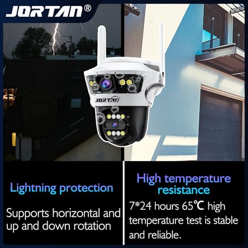JORTAN 6MP 2-in-1 Dual Camera Smart Wifi Security Camera 12V/2A HD Outdoor PTZ Cam Horizontal and Up Down Rotation with Person/Vehicle Detection & Color Night Vision & Spotlight Siren & Two Way Audio