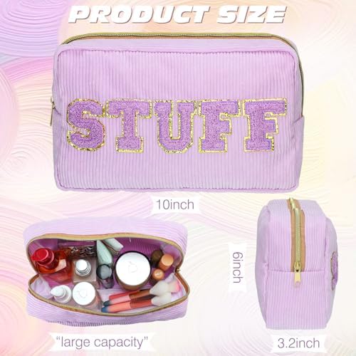 Pinkunn 4 Pcs Preppy Makeup Bags Christmas Chenille Letter Bag Face Skin Hair Stuff Cosmetic Bag Corduroy Makeup Pouch with Zipper Birthday Gifts for Women(Purple, Pink, White, Blue,Corduroy)