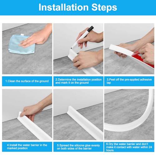 Gluckluz Shower Threshold Water Barrier 2M Shower Stopper Self-Adhesive Bathroom Water Dam Collapsible Silicone Water Retaining Strip Water Splash Guard Retention System for Kitchen Countertop Sink