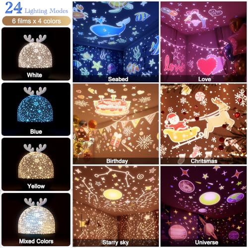 4-in-1 Night Light Projector with Timer and Remote Control for Kids Gift, USB Rechargeable Night Lamp 360°Rotatable Sound Machine Baby Sleep Lighting Starry Projector for Baby Children Teen Adult