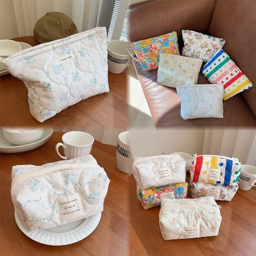 Sminra Floral Makeup Bag Large Cotton Quilted Cosmetic Makeup Bag Organizer, Aesthetic Portable Pouch Purse Toiletry Bag for Women Girls Travel accessories(Blue Floral-L)