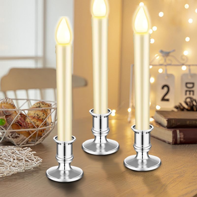 Waziaqoc 24Pcs Silver Taper Candle Holders, Plastic Candlestick Holders Only for Flameless LED Candle Decorative Pillar Candle Holder for Christmas Wedding Anniversary Dinner Party