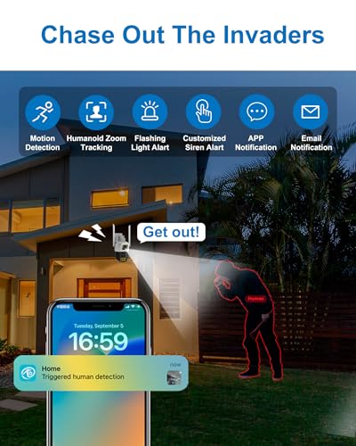 INSEETECH 4MP Dual Lens Security Camera Outdoor, Auto Zoom & Tracking, 98FT Night Vision, 24/7 Recording, IP66, Floodlight, 2-Way Audio, Human Detection & Siren, WiFi & Wired Outdoor PTZ Cam