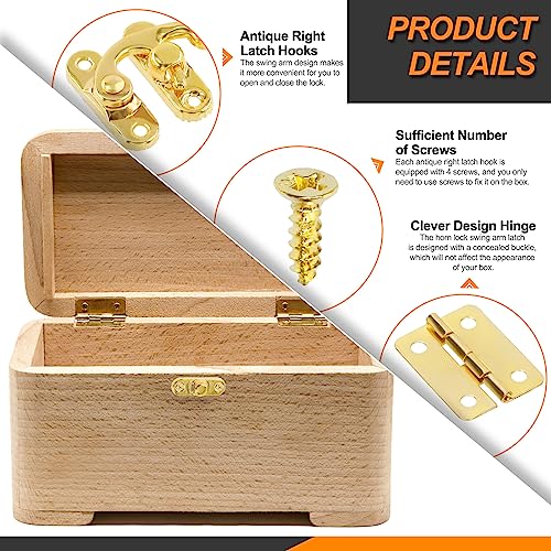 Rustark 20 Sets Gold Antique Small Box Hinges Right Latch Hook Hasp Horn Lock Jewelry Box Hardware Antique Brass Latch Hook Clasp Mini Hinges for DIY Crafts Jewelry Wooden Box