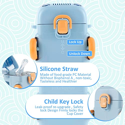 MIXDE Car Straw Water Cup, 16oz Summer Cute Bus Water Bottle with Shoulder Strap, Leak-Proof Kids Square Drinking Cup Cute Cartoon Water Jug Toy Locking Flip Lid Water Kettle for Kids (Blue)