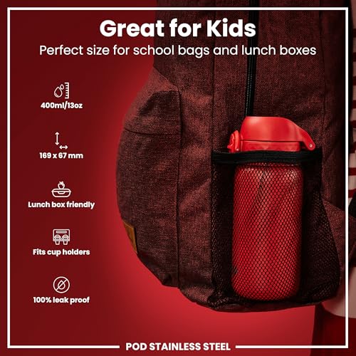 Ion8 Kids Water Bottle, Steel 400 ml/13 oz, Leak Proof, Easy to Open, Secure Lock, Dishwasher Safe, Flip Cover, Carry Handle, Easy Clean, Durable, Metal Water Bottle, Carbon Neutral, Red