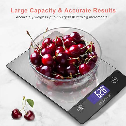 CROWNFUL 15Kg Food Scale, Rechargeable 304 Stainless Steel Digital Kitchen Scale Grams and Ounces with LCD Display and Type-C Charging for Baking and Cooking