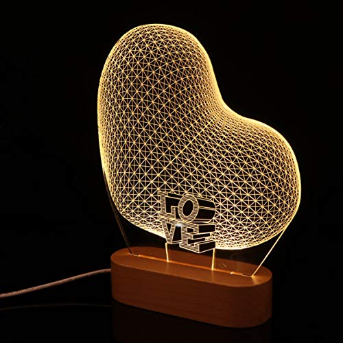 Sulfar 3D Night Light Romantic Heart Shape Illusion Lamp USB Powered Visual Lights, Wooden Base, Gifts for Her Girlfriends Valentines Day Wedding Anniversary