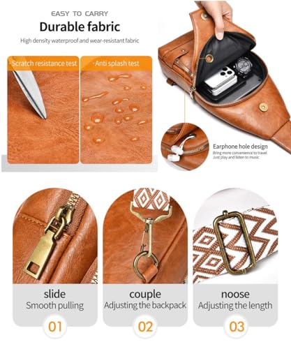 Small Sling Bag, Leather Chest Bag with Adjustable Strap, Lightweight Crossbody Backpack for Men and Women, Anti-theft PU Leather Shoulder Bag for Sports, Outdoor, Travel, Vintage Design (Brown)