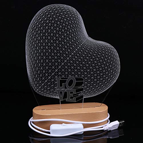 Sulfar 3D Night Light Romantic Heart Shape Illusion Lamp USB Powered Visual Lights, Wooden Base, Gifts for Her Girlfriends Valentines Day Wedding Anniversary