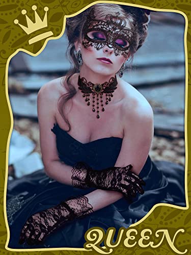 Excefore Masquerade Costume Set - Venetian Mask, Black Choker Lace Necklace, and Pattern Gloves for Women