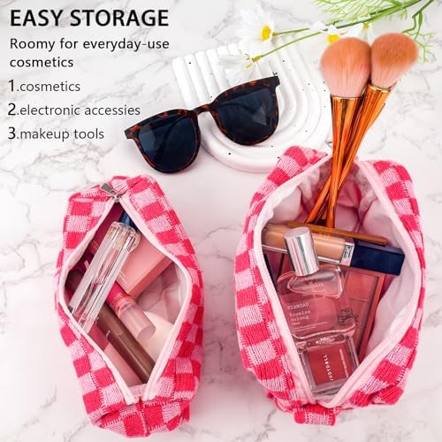 ZLFSRQ 3Pcs Checkered Makeup Bag for Women Large Cosmetic Bag Set Travel Toiletry Bag Makeup Pouch Bag for Purse Pink Zipper Storage Bag Organizer Cute Small Aesthetic Girls Car Essentials Bag