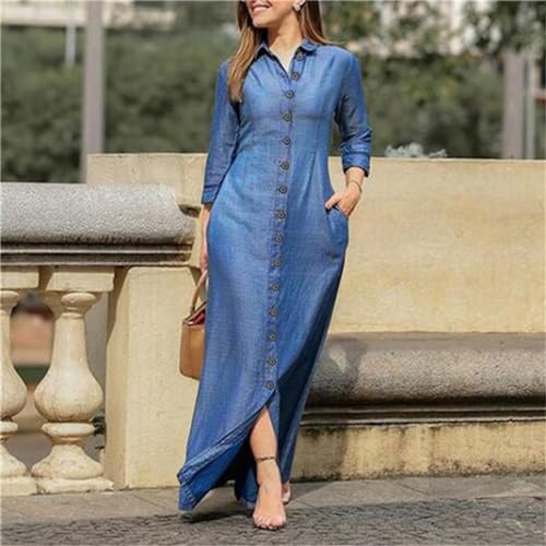 MOTIM Women’s Casual Shirt Dress, Button Down Denim Maxi Dress Lapel Long Sleeve Long Jean Dresses with Pockets