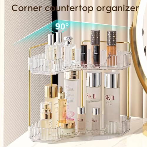 Angju 2-Tier Corner Bathroom Counter Organizer, Bathroom Countertop Perfume Tray and Vanity Organizer, Makeup Cosmetic Storage, Corner Storage Organizers for Bathroom,Dresser,Kitchen (White)