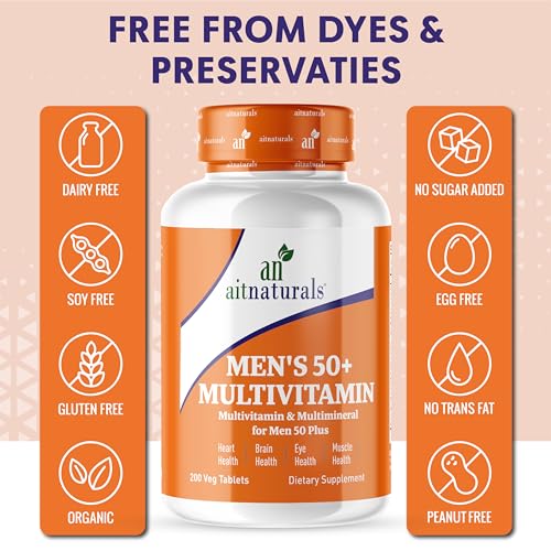 Aitnaturals Men's 50+ Multivitamin (200 Tablets) | Multimineral with Vitamin A, C, D, B6, B12 E, K& Zinc, Magnesium for Older Adults | Supports Memory & Cognition, Heart, Eye, Muscle & Immune Health