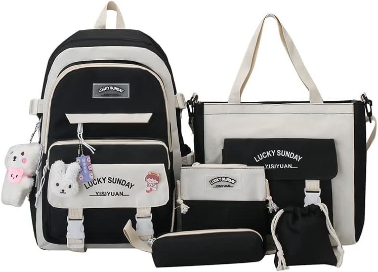 5PCS School Backpack Set for Teen Girls School Bag with Bear Pendant Back to School Backpacks Supplies Students Laptop Bookbag Casual Daypack Gifts for Girls - Black
