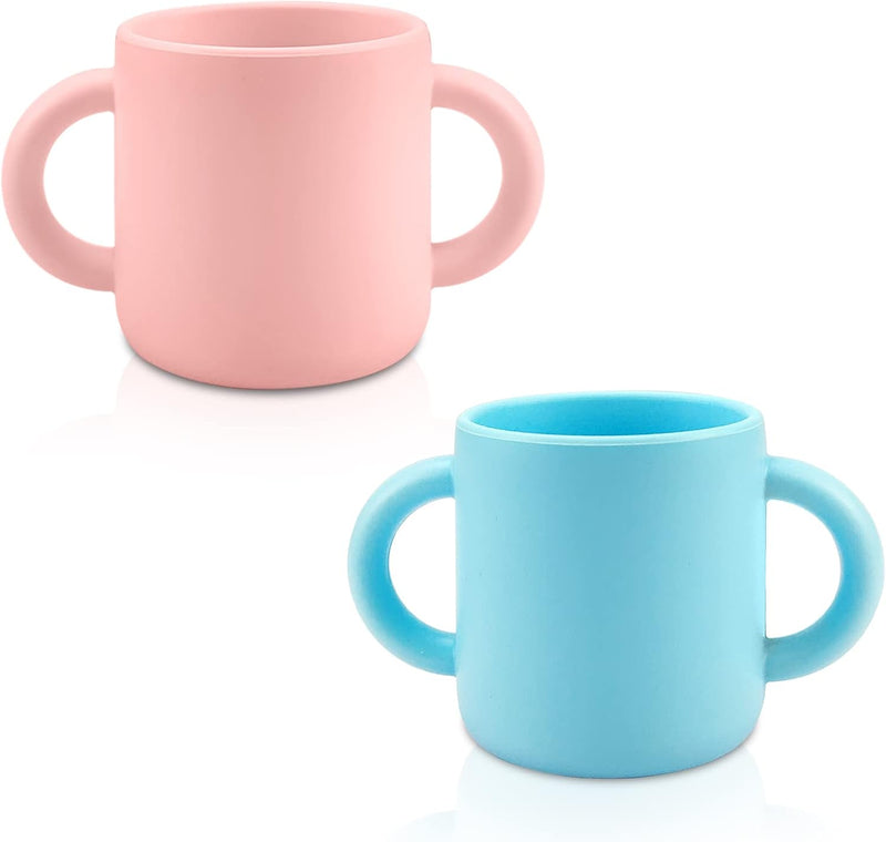 TQONEP Silicone Training Cup for Infants 2 Handles, Easy Grip Handles Toddler Learning Cup Applicable for Baby Over 6 Months（Pink+Blue