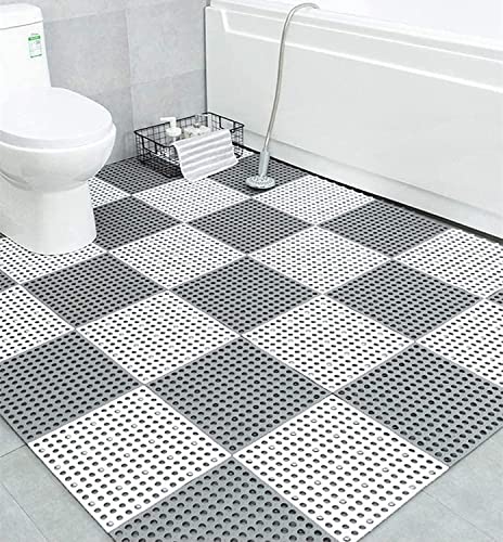 12PCS Bath Mat Non Slip Shower Mat Bathroom Mats Bathroom Rugs Interlocking Soft Floor Mats DIY Floor Mat with Drain Holes for Home Kitchen Bathroom Shower Pool Balcony (Ordinary 6pcs Gray+6pcs White)
