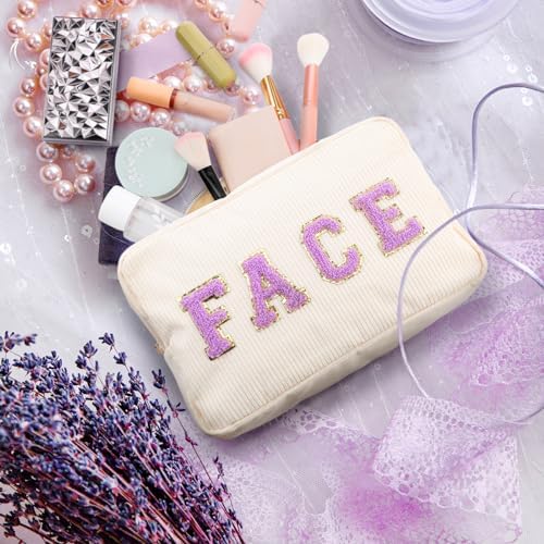 Pinkunn 4 Pcs Preppy Makeup Bags Christmas Chenille Letter Bag Face Skin Hair Stuff Cosmetic Bag Corduroy Makeup Pouch with Zipper Birthday Gifts for Women(Purple, Pink, White, Blue,Corduroy)