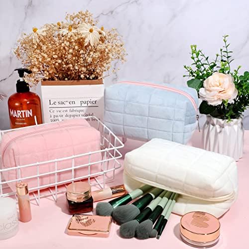 SYOSI Plush Makeup Bag, , 3 Pcs Checkered Cosmetic Bag Zipper Travel Bag Portable Multi Functional Capacity Bag Cute Makeup Brushes Storage Bag, Pink, Blue, White